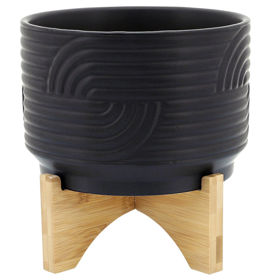 black ceramic planter with abstract wave design