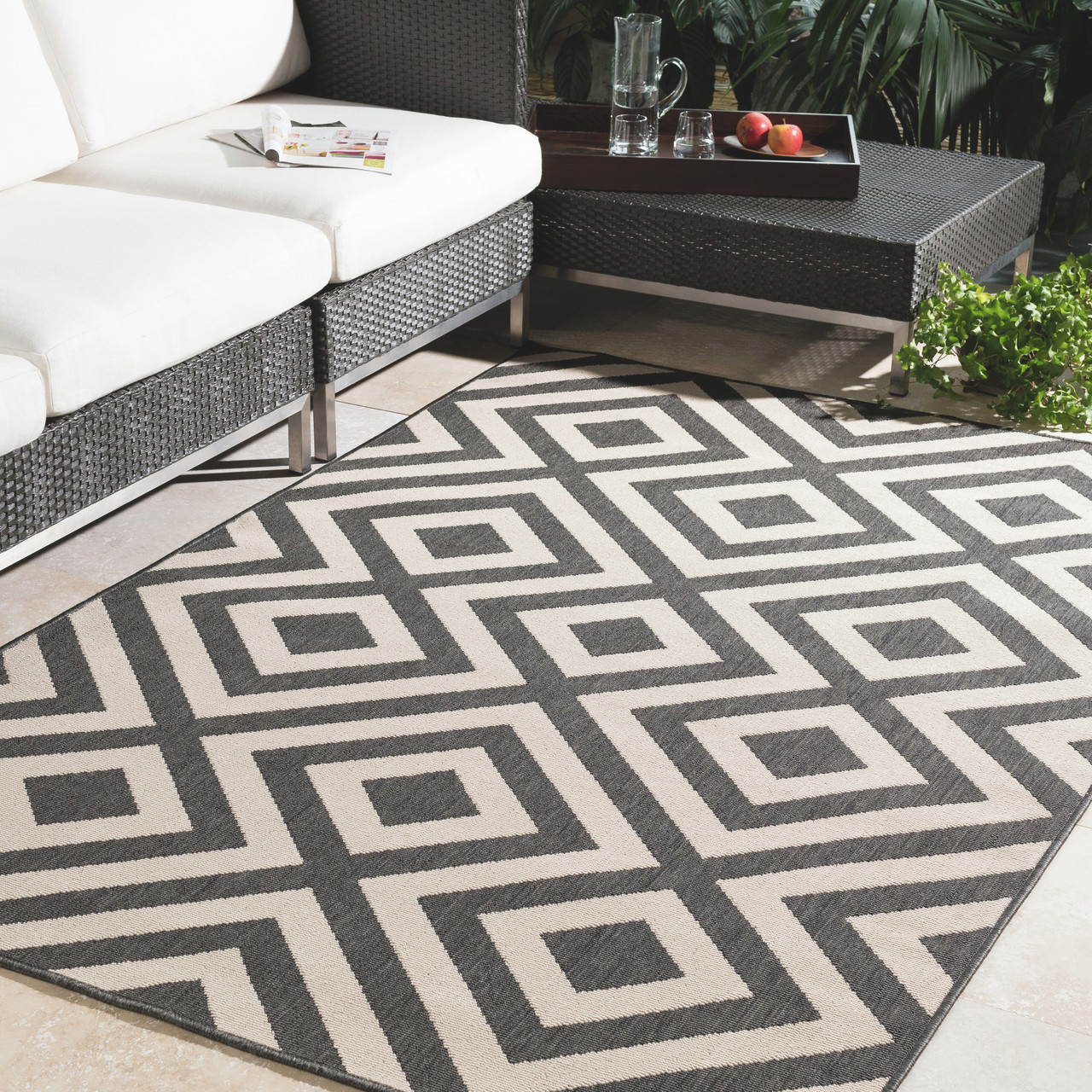 black and white geometric outdoor area rug
