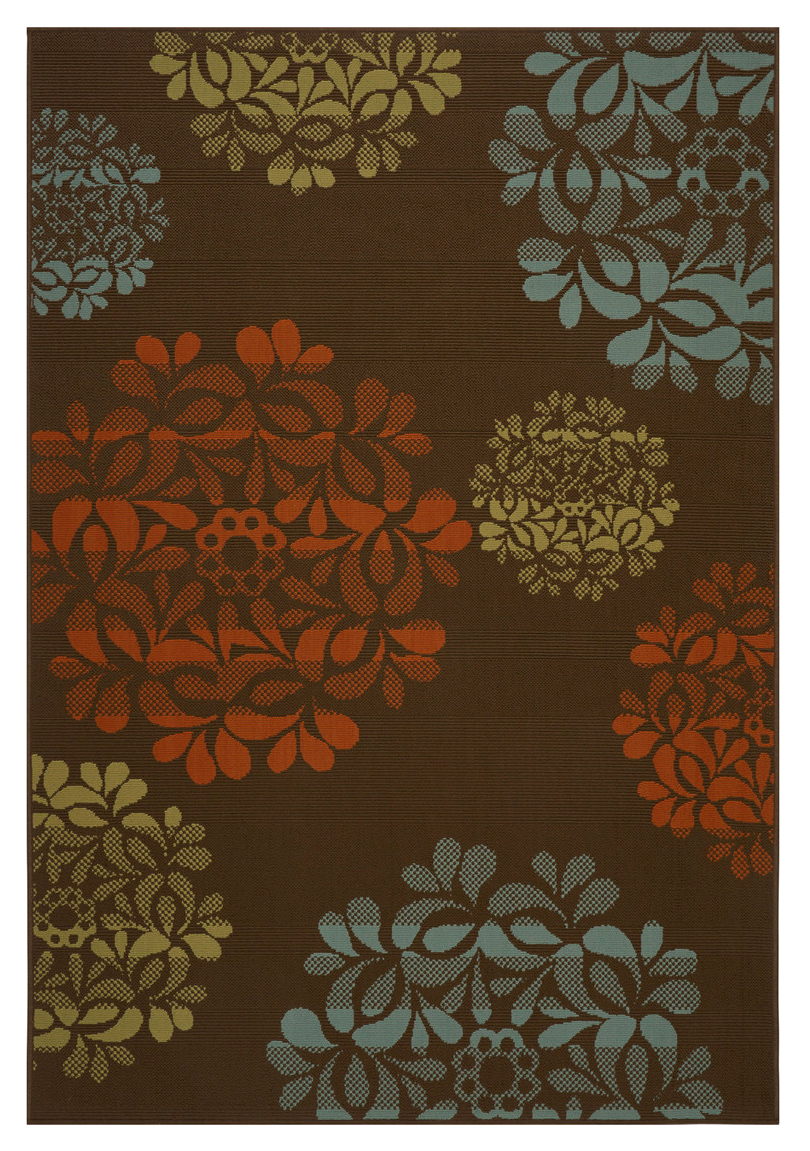 Brown and orange floral rectangular outdoor area rug