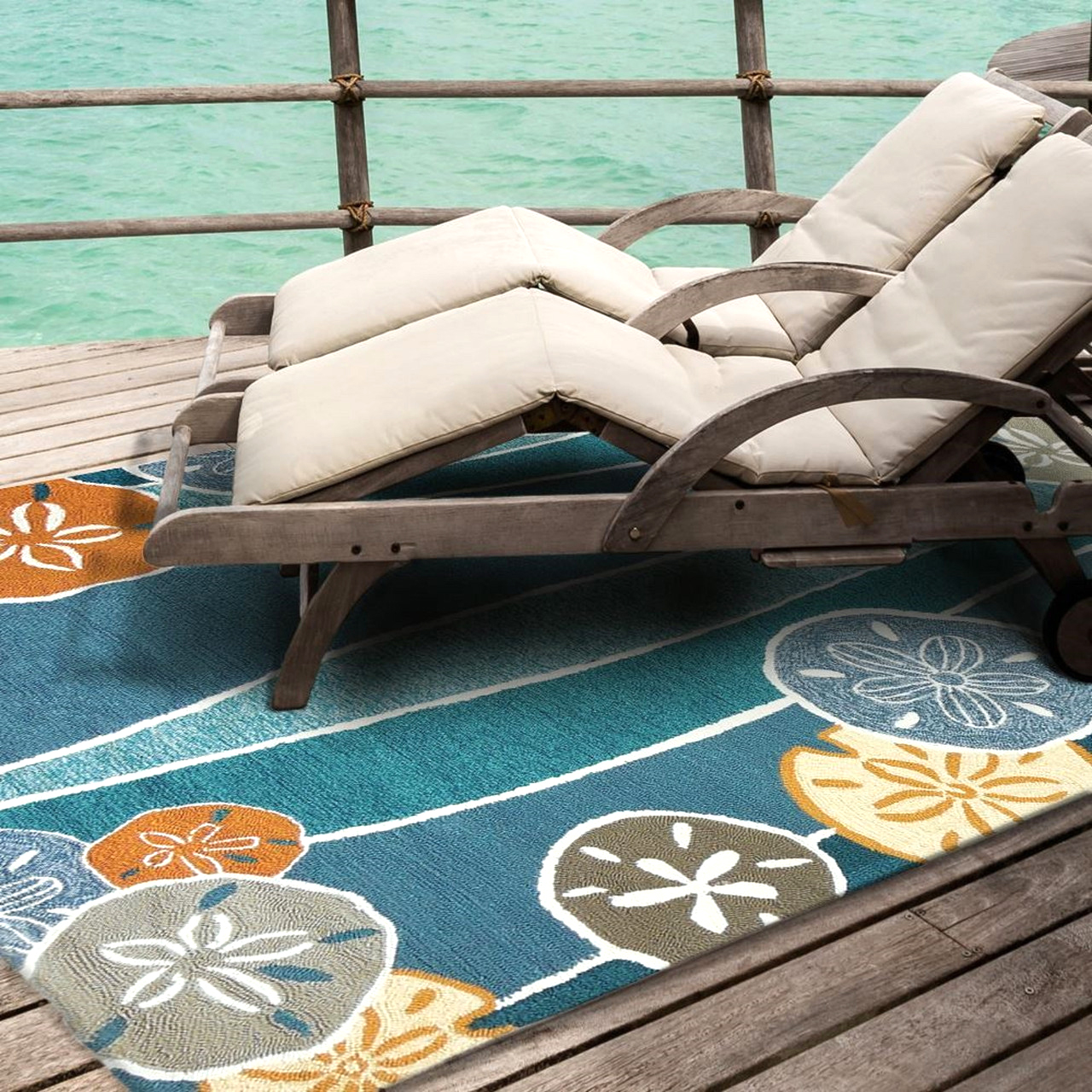 colorful sand dollar print outdoor rug
