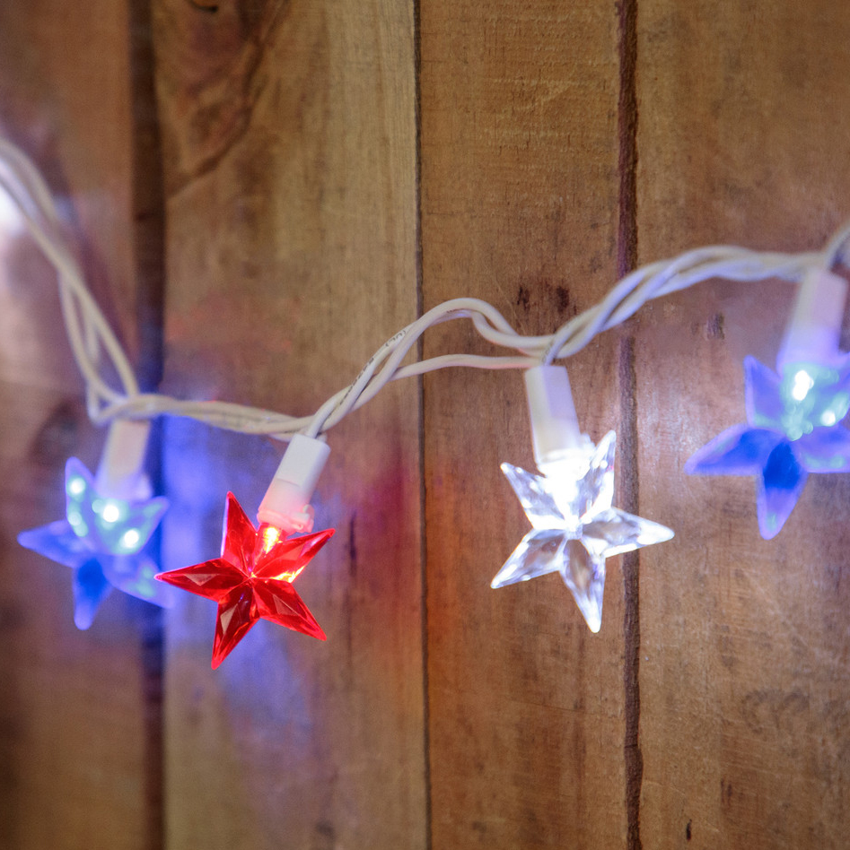 Fourth of July red white and blue star string lights