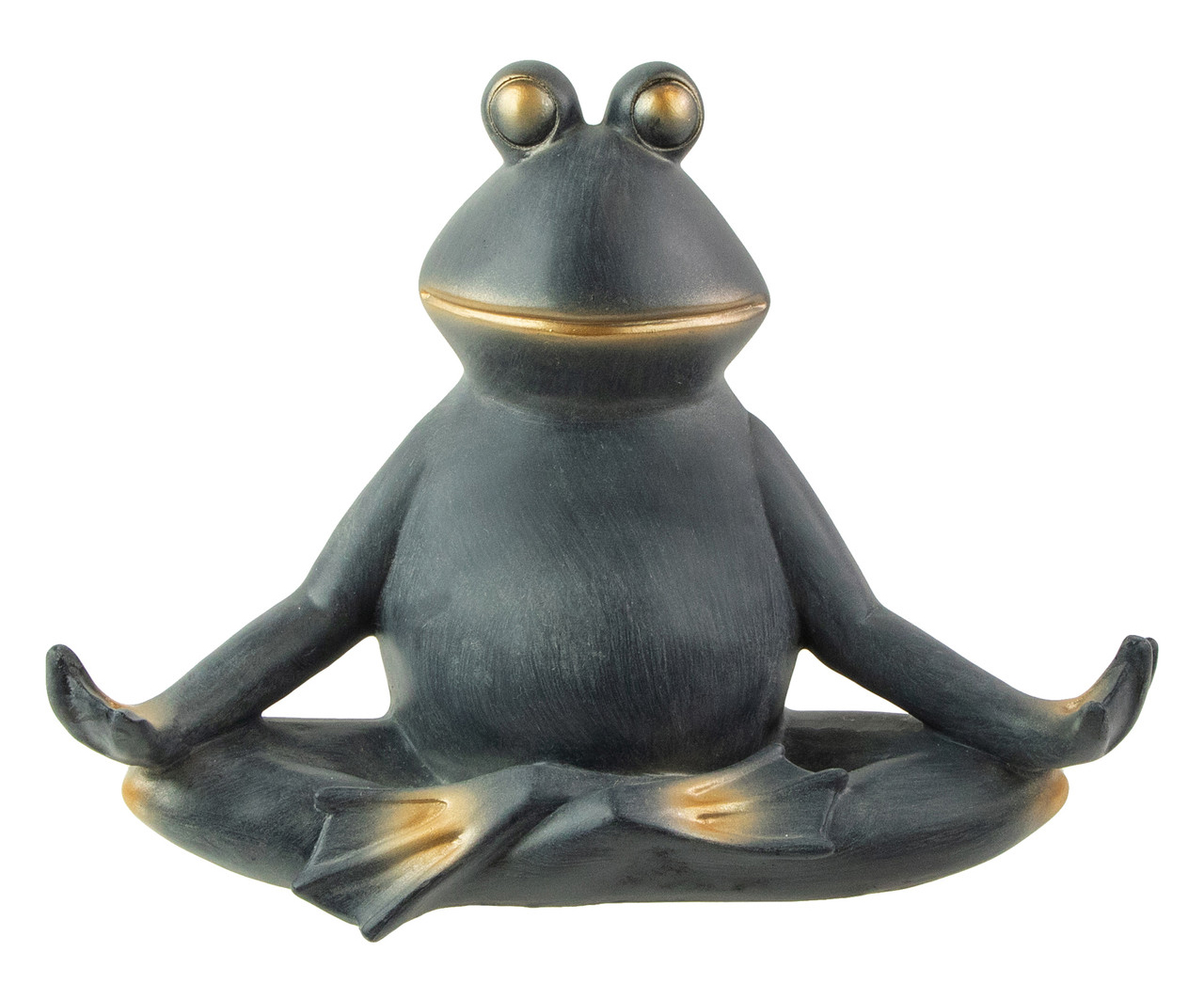zen black and gold frog statue seated in lotus yoga position