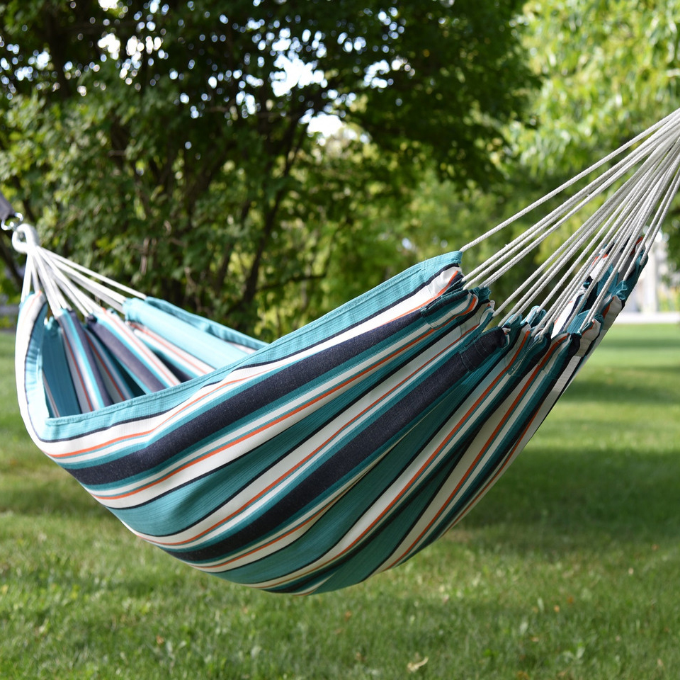 blue, green and white striped hammock
