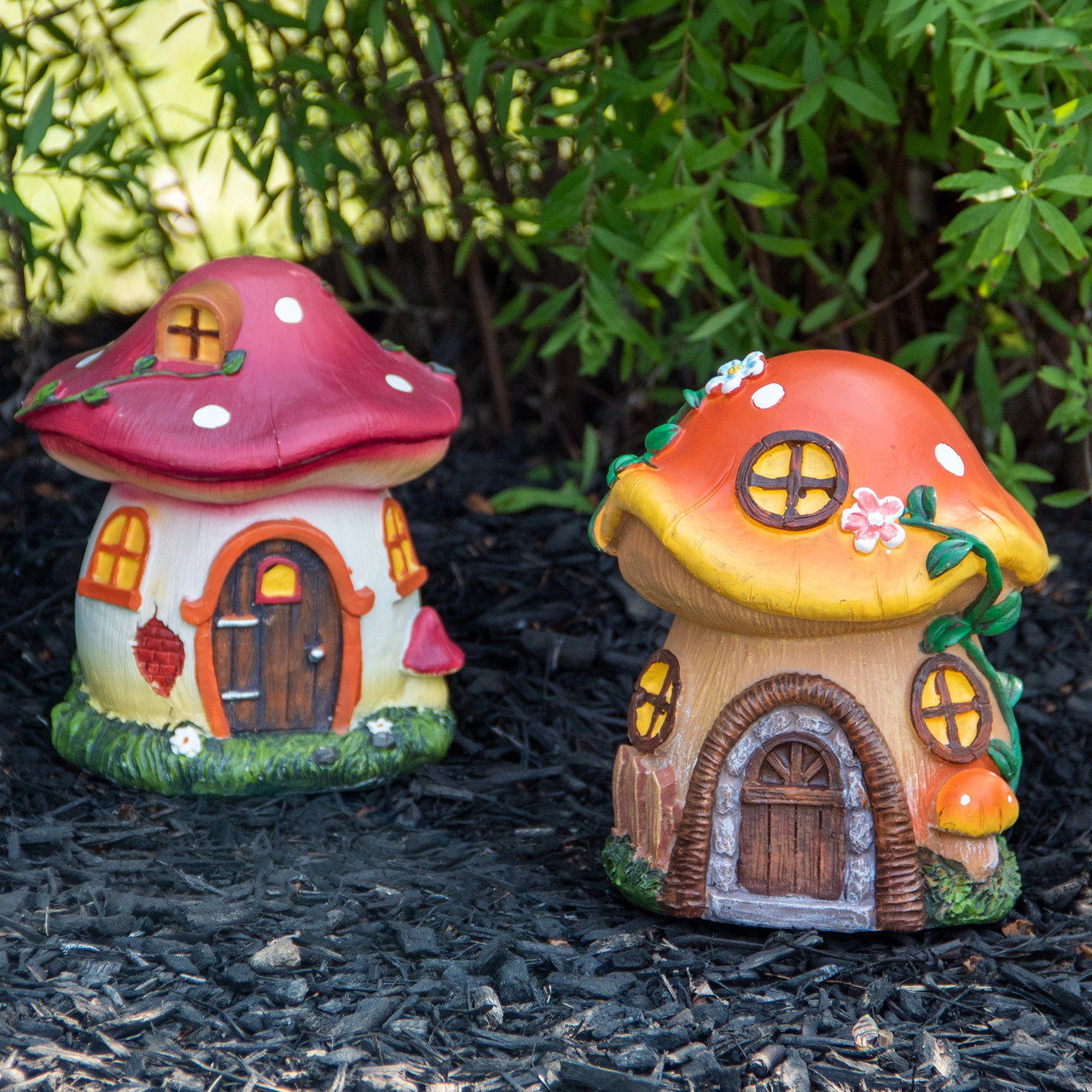 red mushroom house and orange mushroom house 6-1/4 inch garden statues