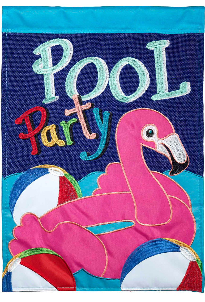 pink flamingo pool float and beach balls Pool Party house flag