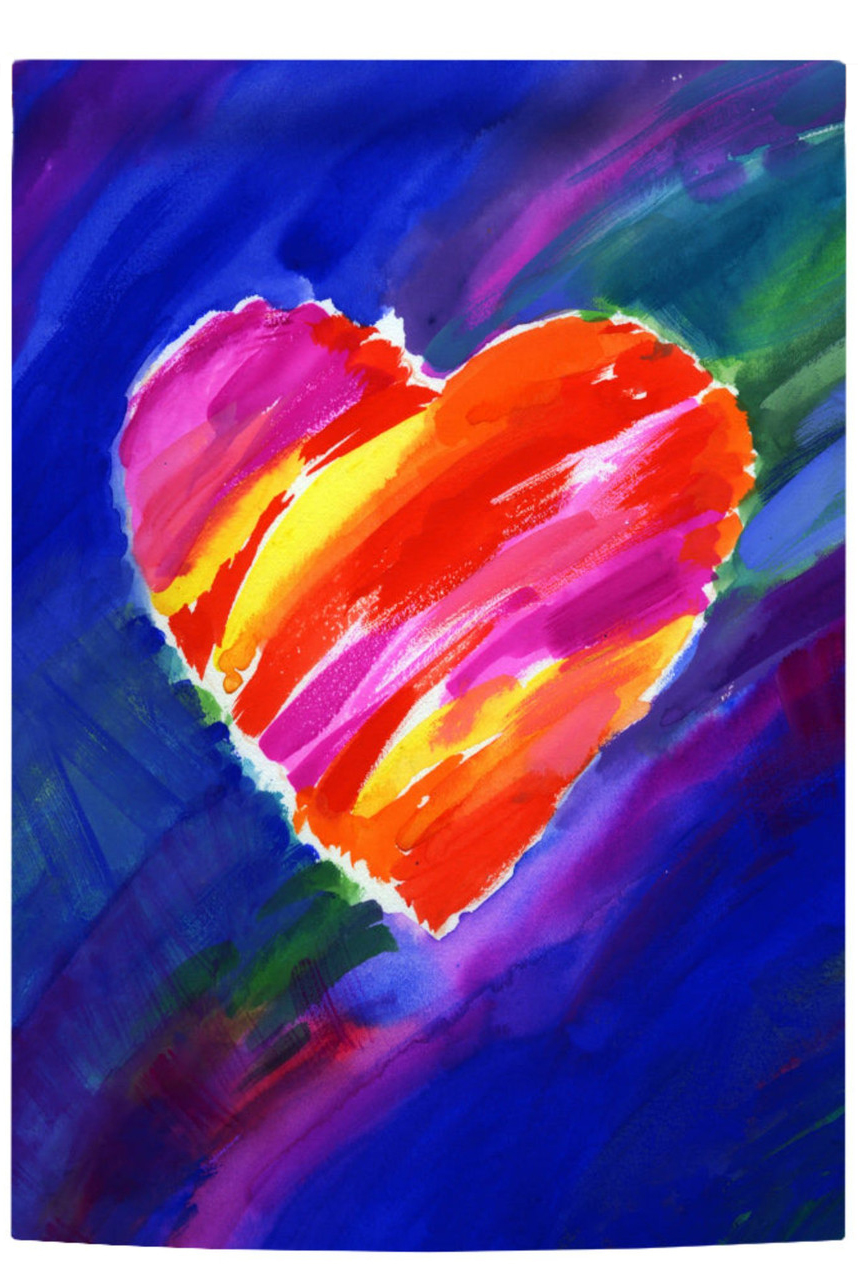 vibrant red, yellow and magenta heart on purple, blue, green background
