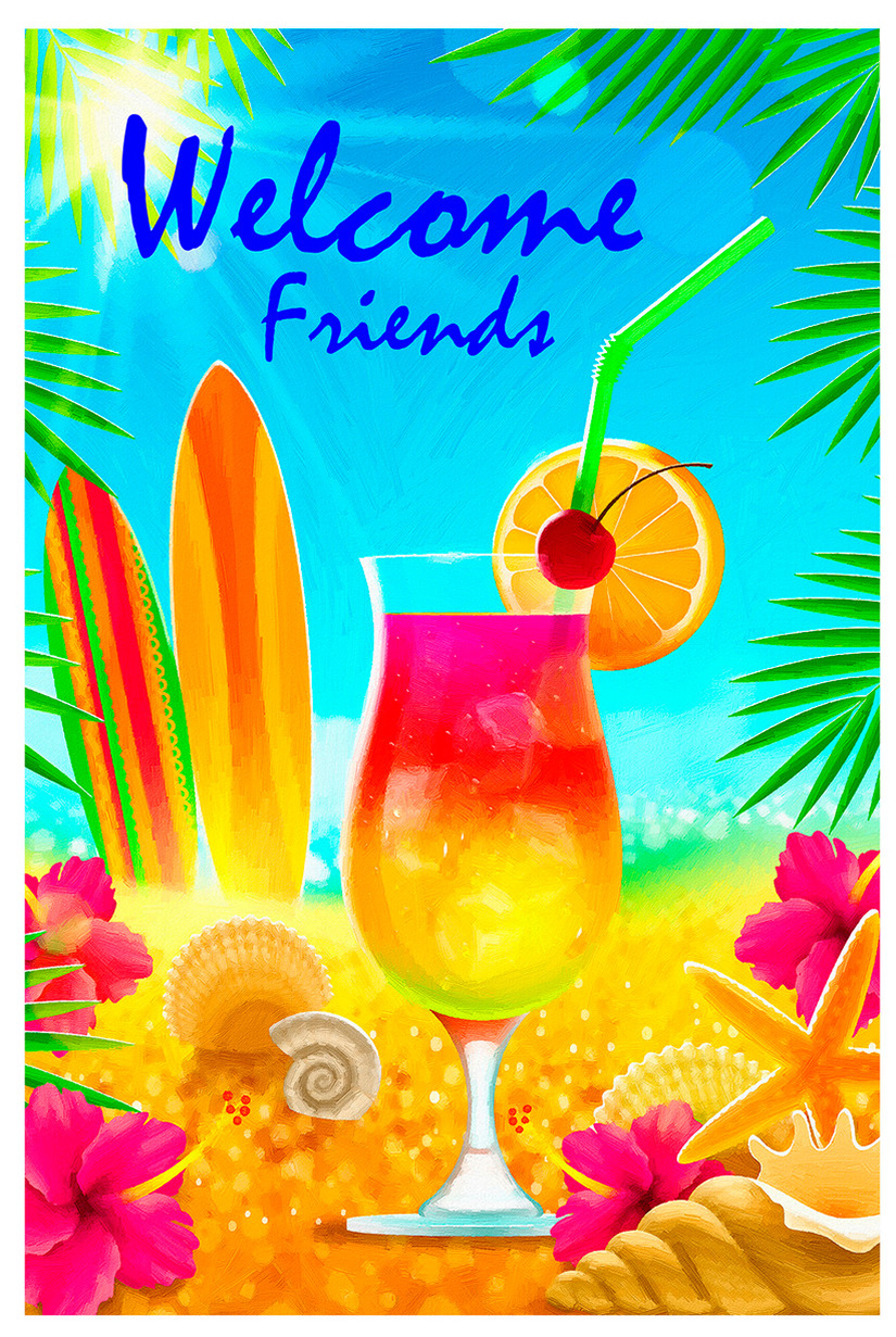 vibrant pink, yellow, blue and green tropical themed house flag with tropical drink, sun, palm fronts, surf boards