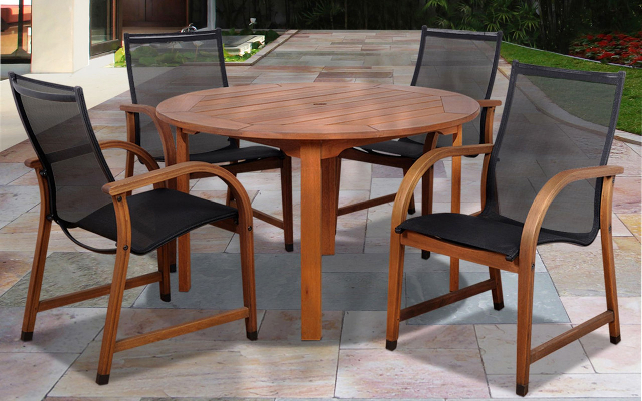 eucalyptus wood dining set with woven sling and wood frame armchairs