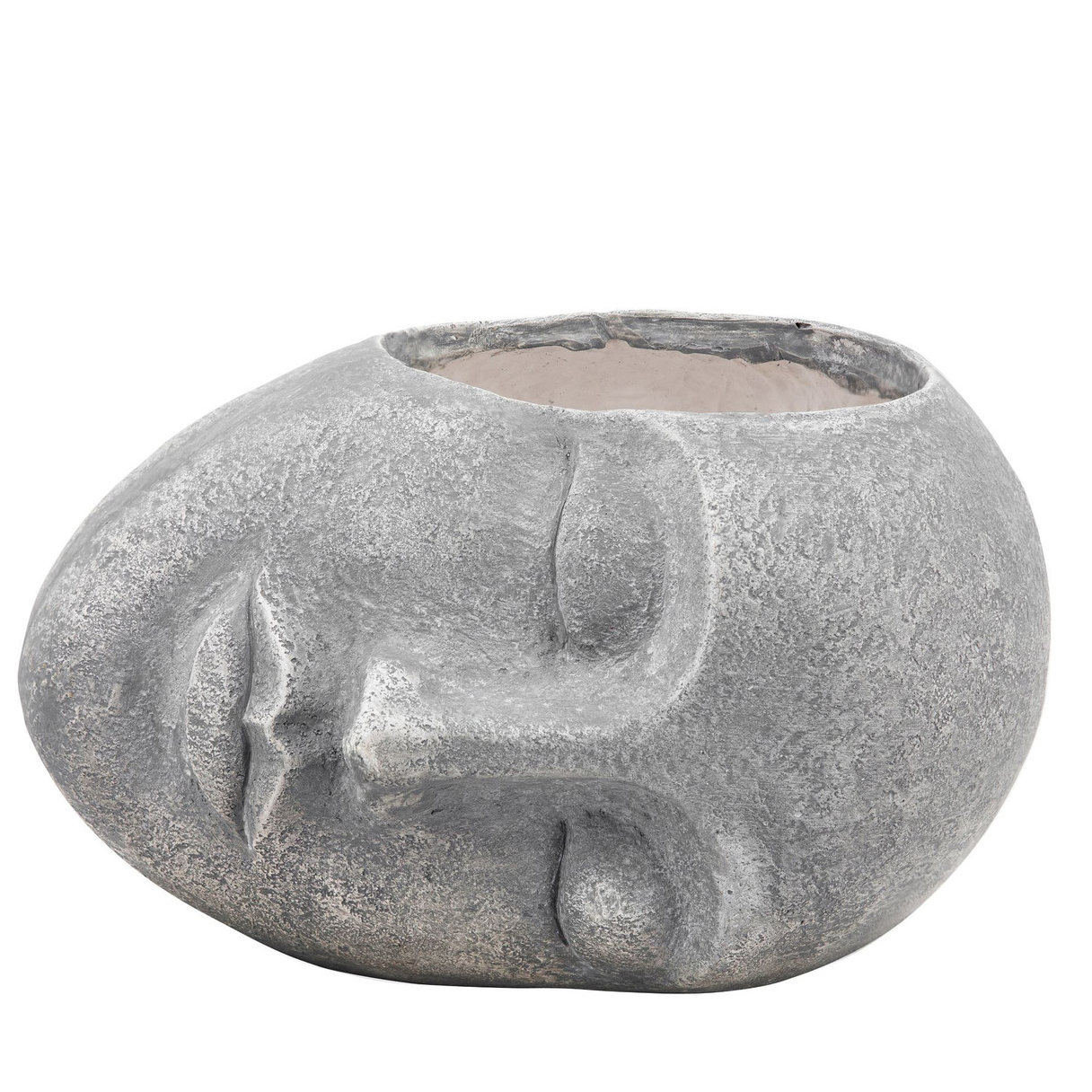 stone look resin face planter laying on side
